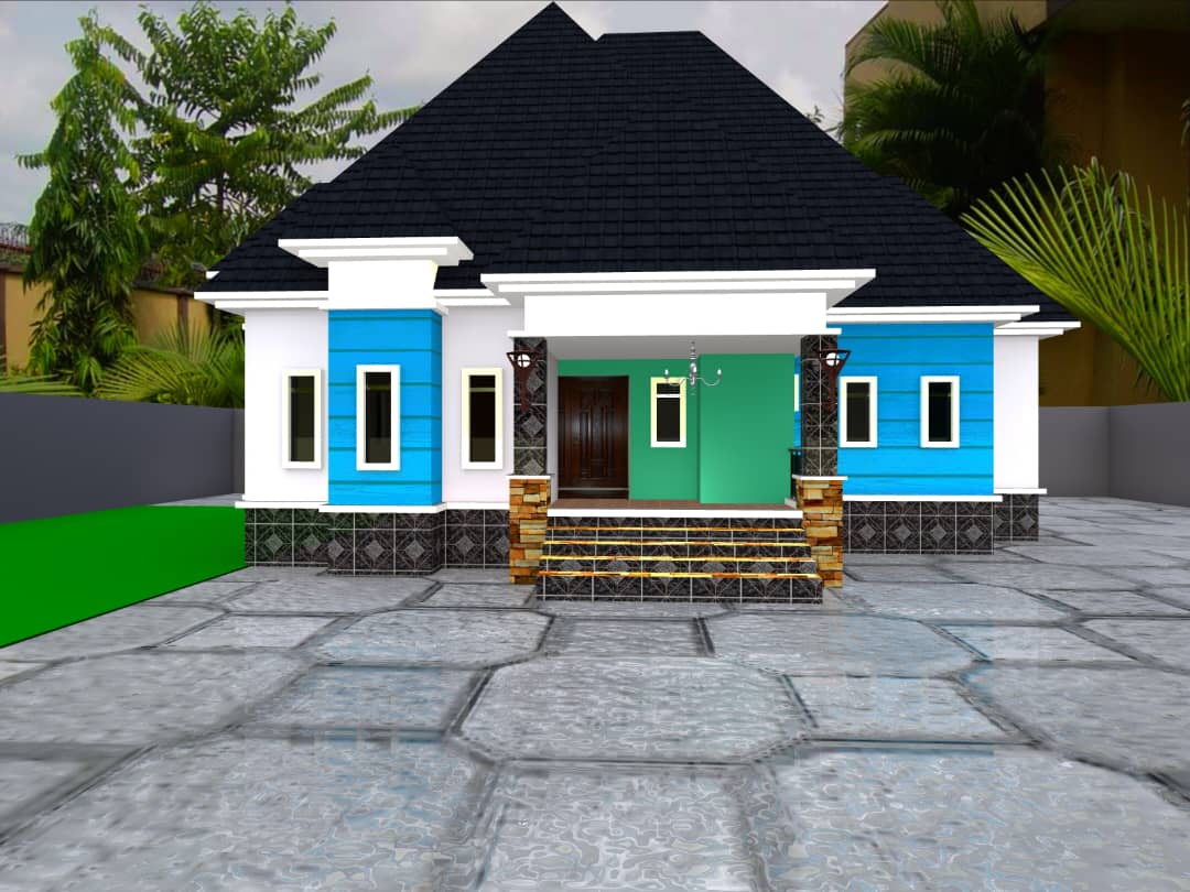 Blue and white bungalow front elevation
