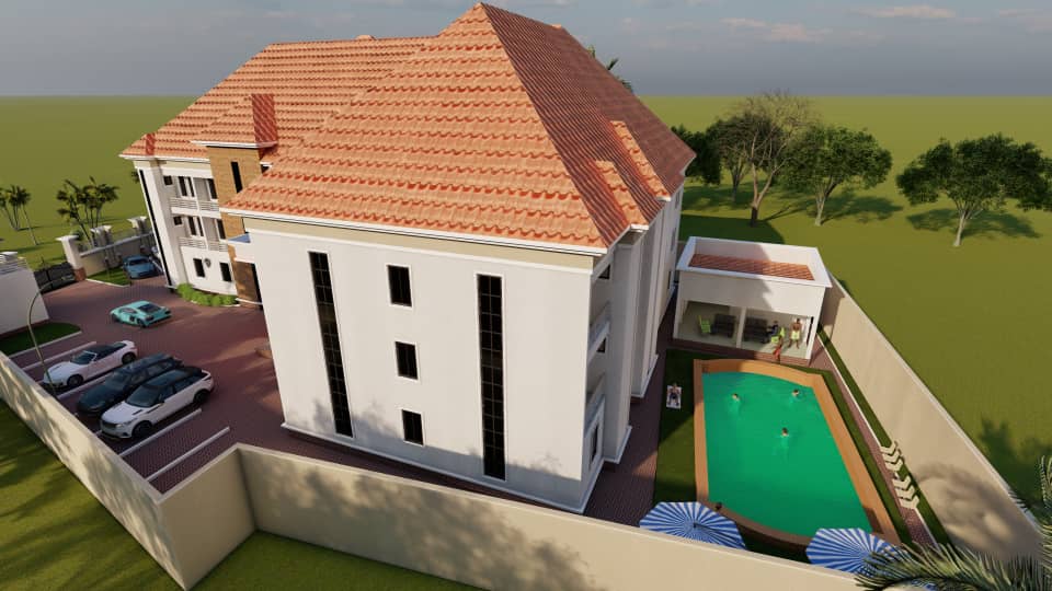 Aerial view of estate building with pool