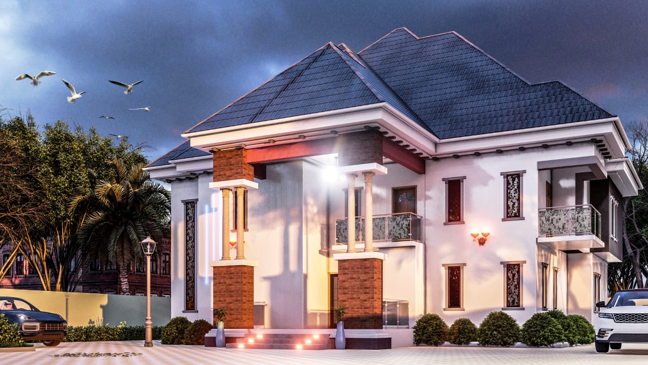 Private residence with dual-pitch roof at dusk